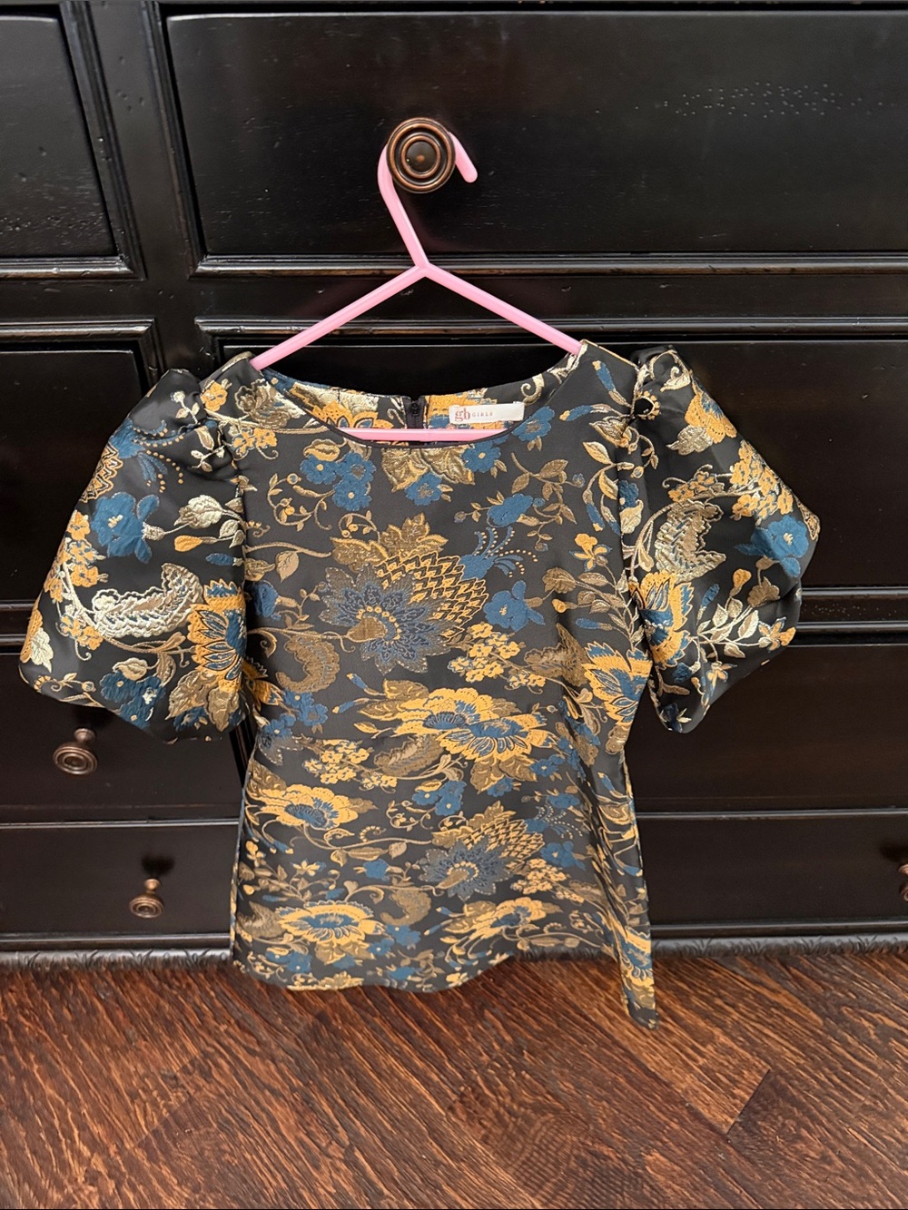 Girls Floral Brocade Puff Sleeve Dress- Black, Gold & Blue